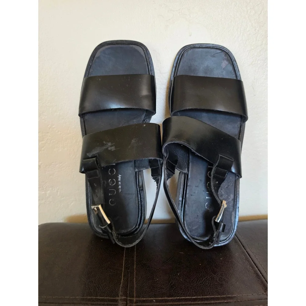 Gucci Black Leather Square Toe Minimalist‎ Buckle Slingback Sandals sz 7.5D